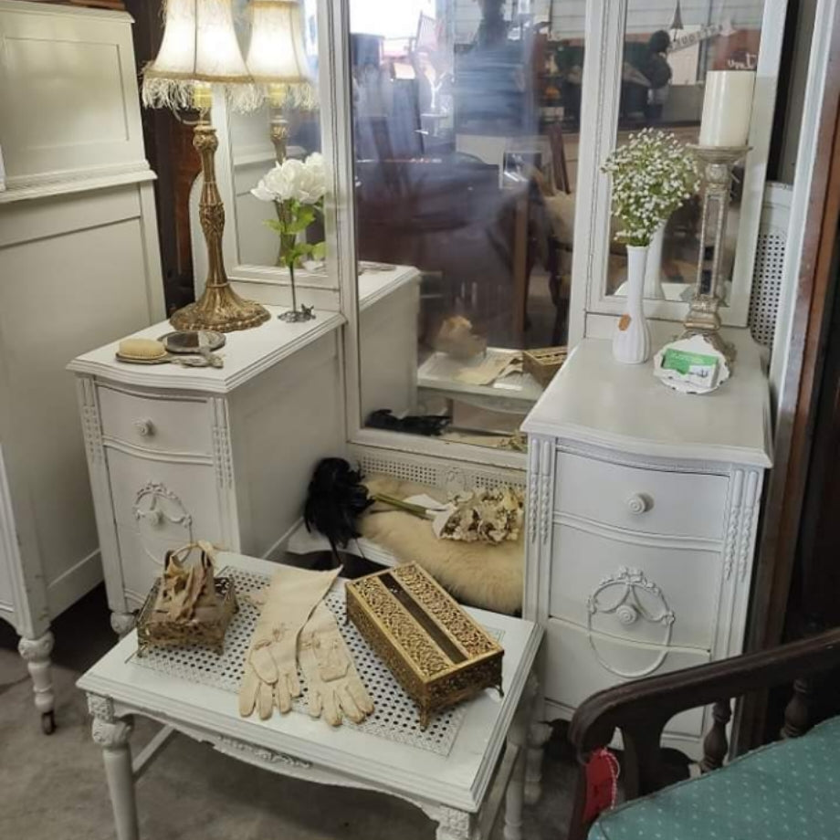 White Vanity w/ Cane Stool